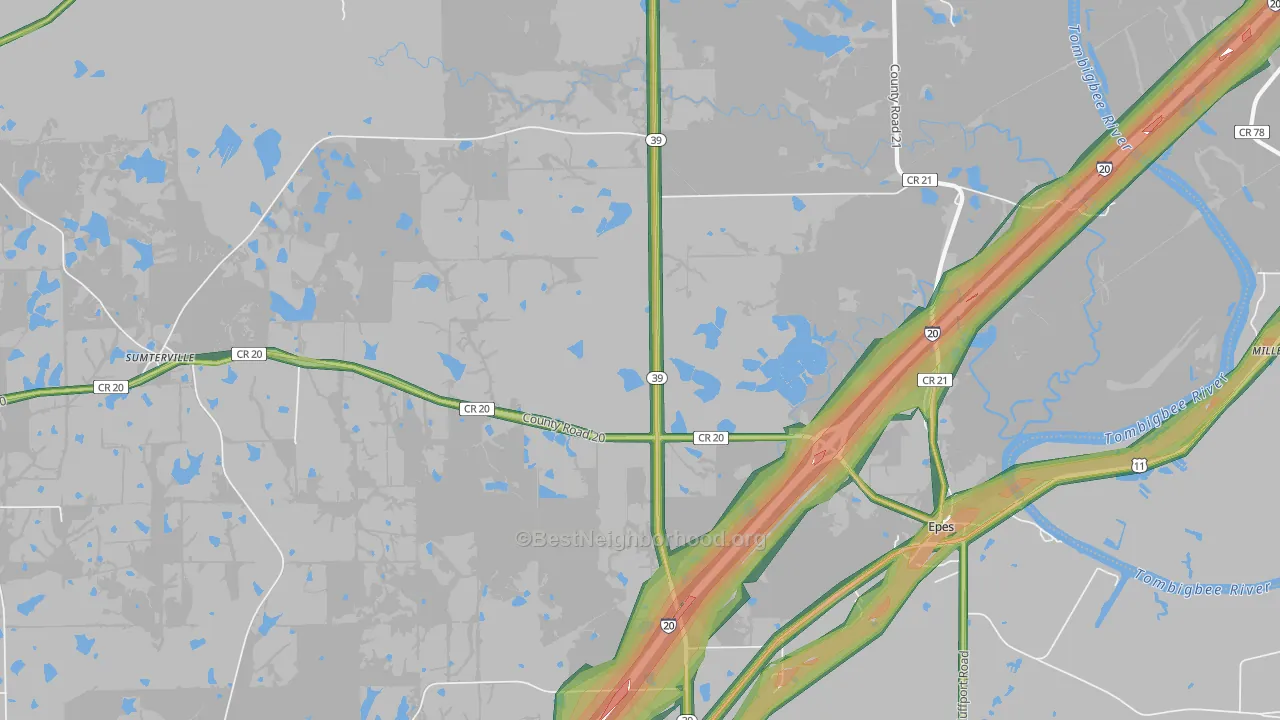 Hamner, AL Map of Noise Levels in Hamner