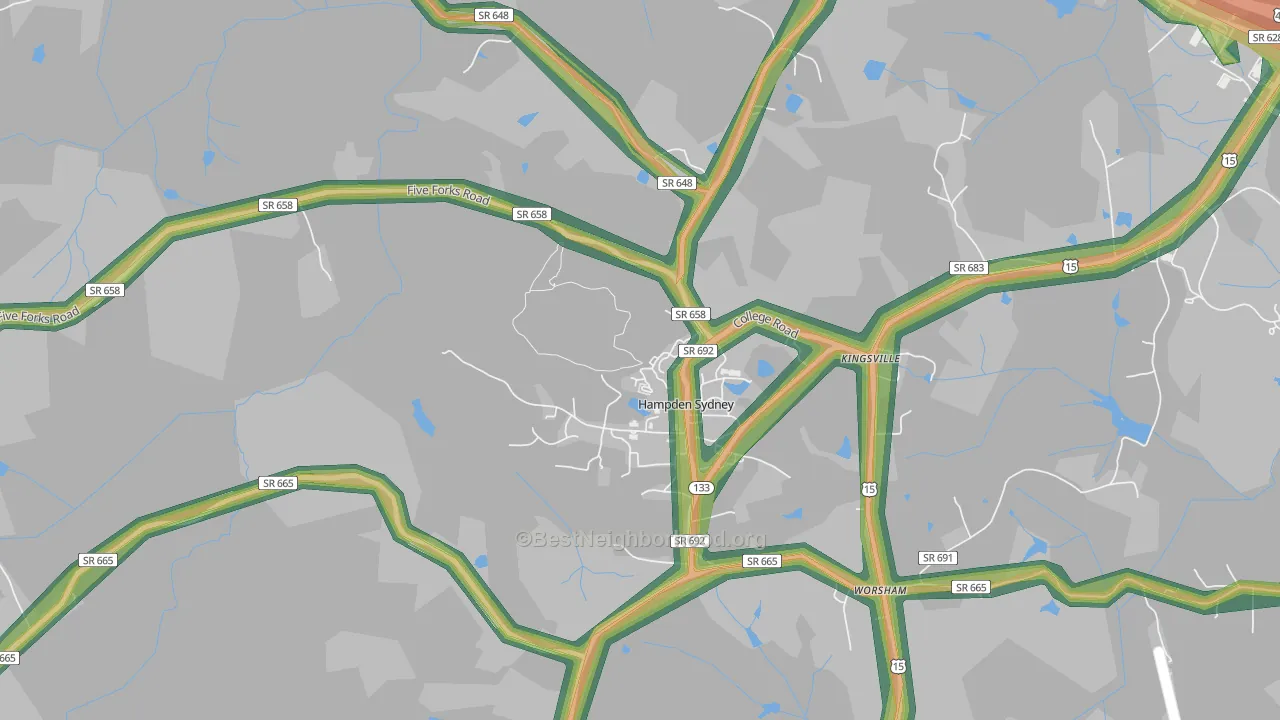 Hampden-Sydney, VA Map of Noise Levels in Hampden-Sydney