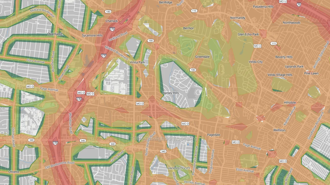 Hanley Hills, MO Map of Noise Levels in Hanley Hills