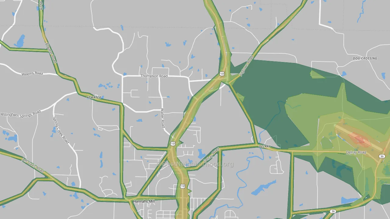 Hannahs Mill, GA Map of Noise Levels in Hannahs Mill