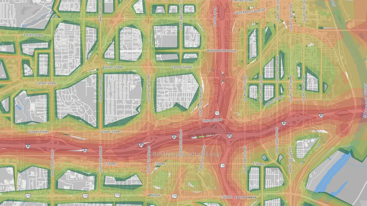 Hanscom Park, Omaha, NE Map of Noise Levels in Hanscom Park