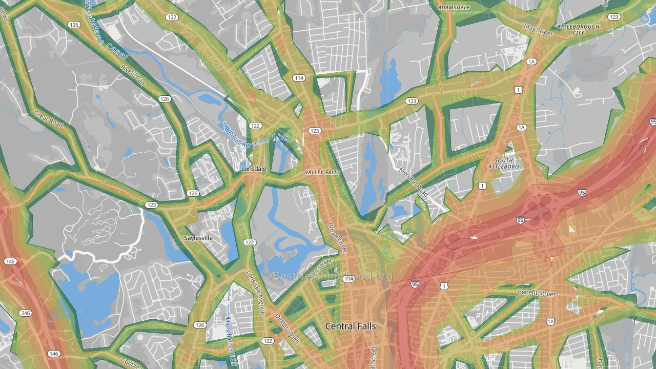 Happy Hollow, Valley Falls, RI Map of Noise Levels in Happy Hollow