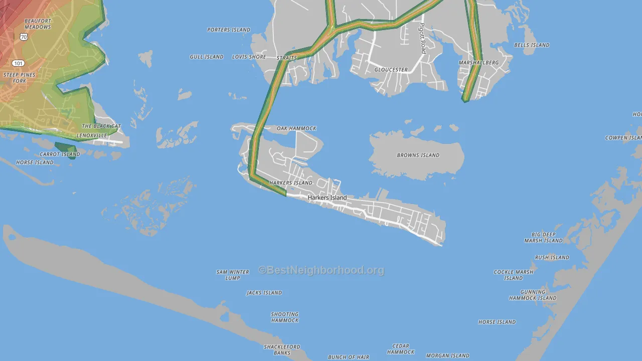 Harkers Island, NC Map of Noise Levels in Harkers Island