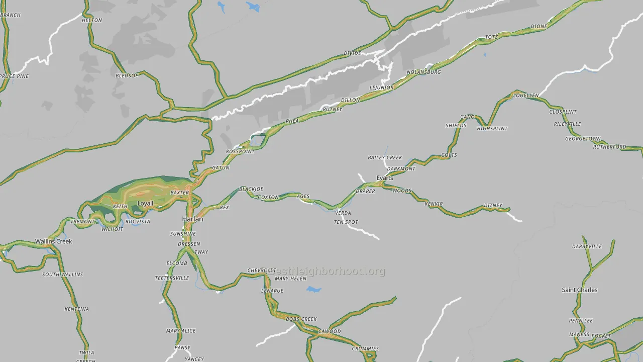 Harlan County, KY Map of Noise Levels in Harlan County