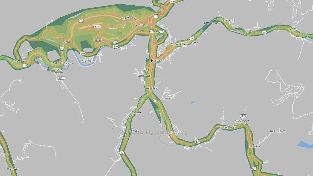 Harlan, KY Map of Noise Levels in Harlan