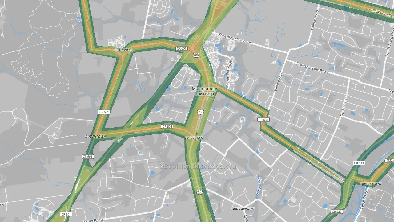 Harlingen, NJ Map of Noise Levels in Harlingen