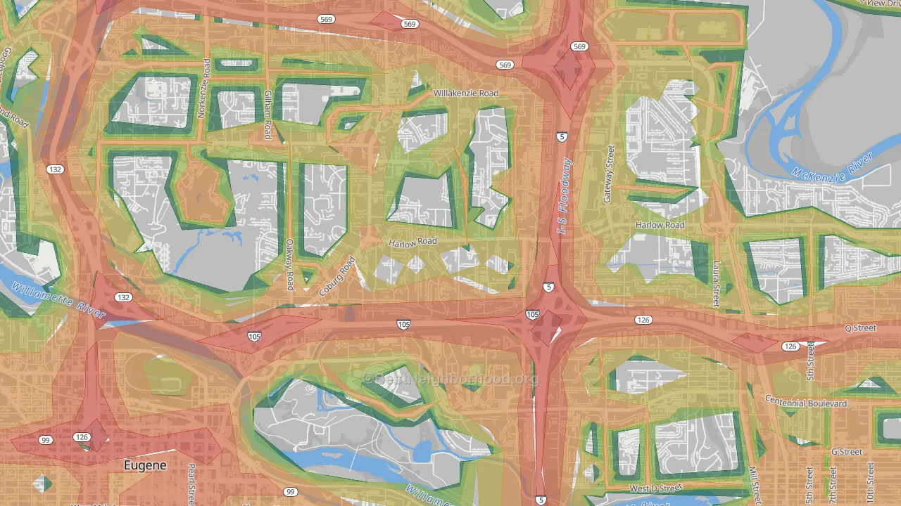 Harlow, Eugene, OR Map of Noise Levels in Harlow