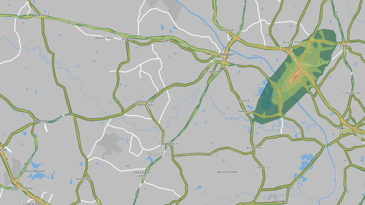 Harnett County, NC Map of Noise Levels in Harnett County