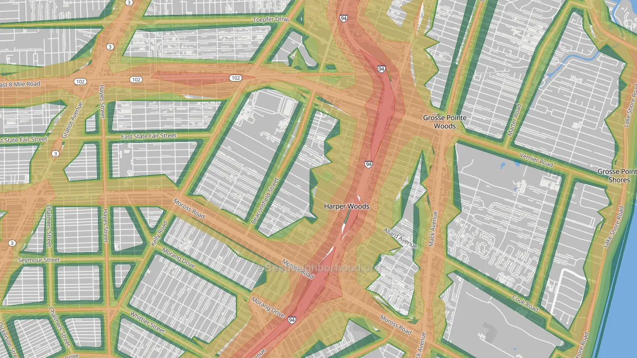 Harper Woods, MI Map of Noise Levels in Harper Woods