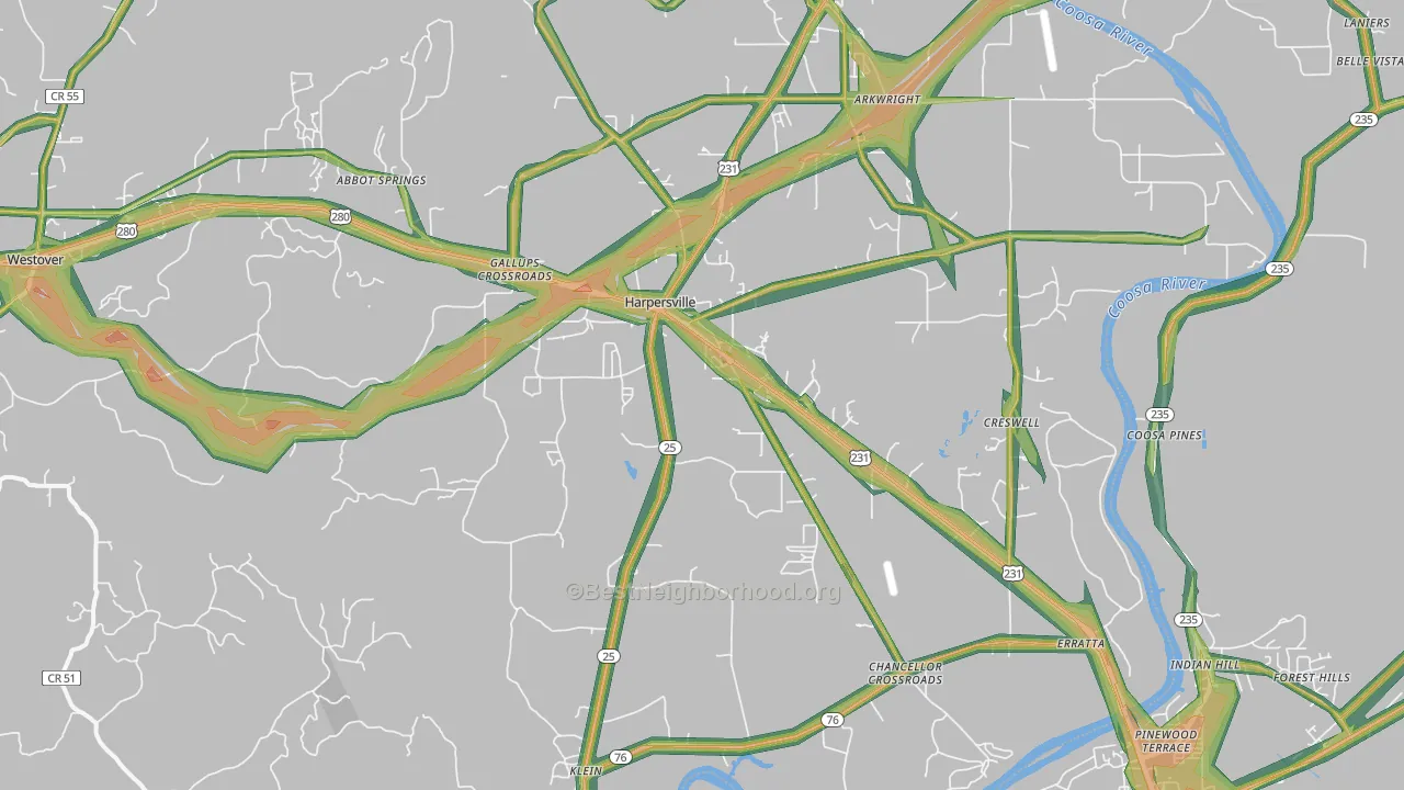 Harpersville, AL Map of Noise Levels in Harpersville
