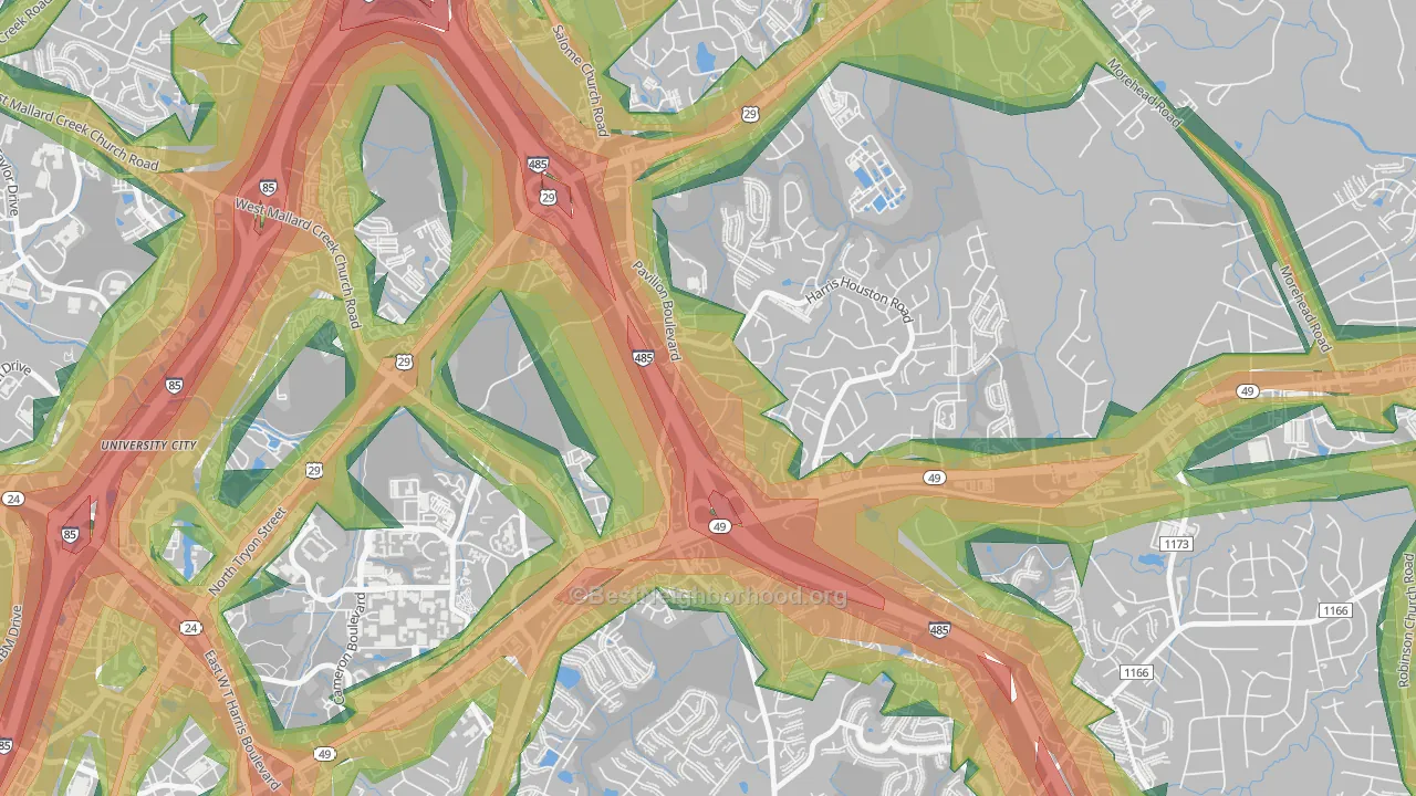 Harris-Houston, Charlotte, NC Map of Noise Levels in Harris-Houston