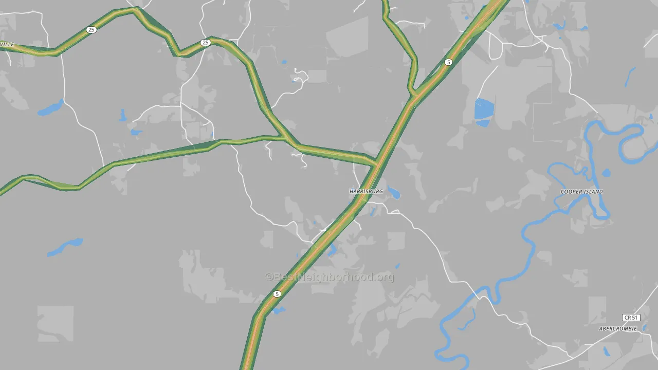 Harrisburg, AL Map of Noise Levels in Harrisburg