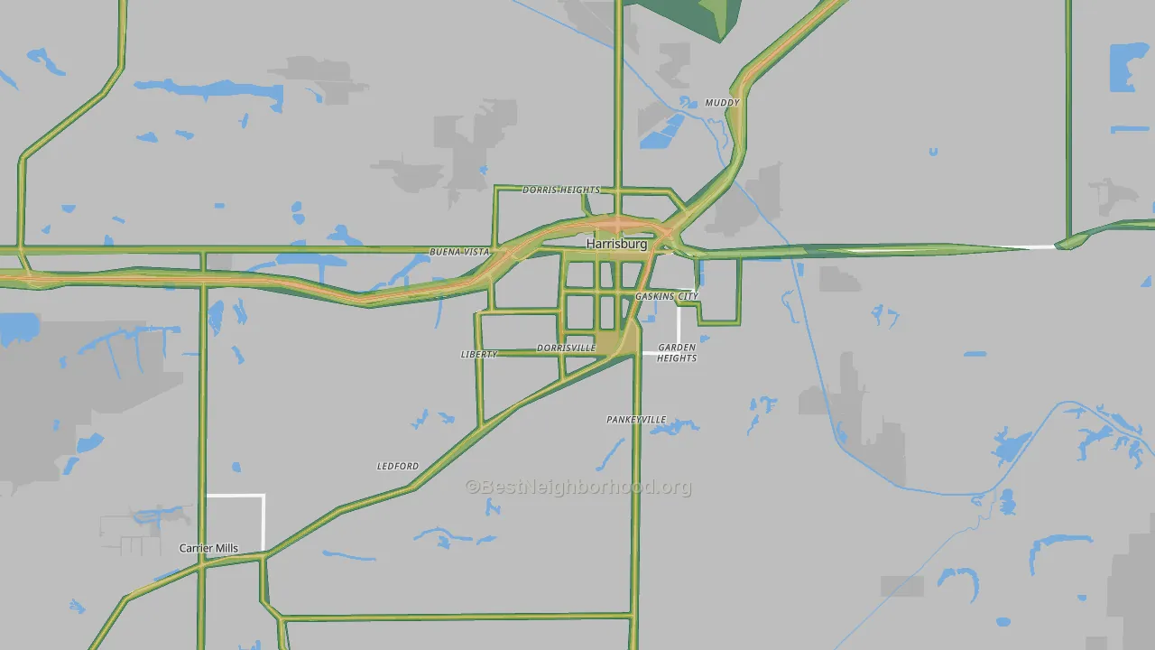 Harrisburg, IL Map of Noise Levels in Harrisburg