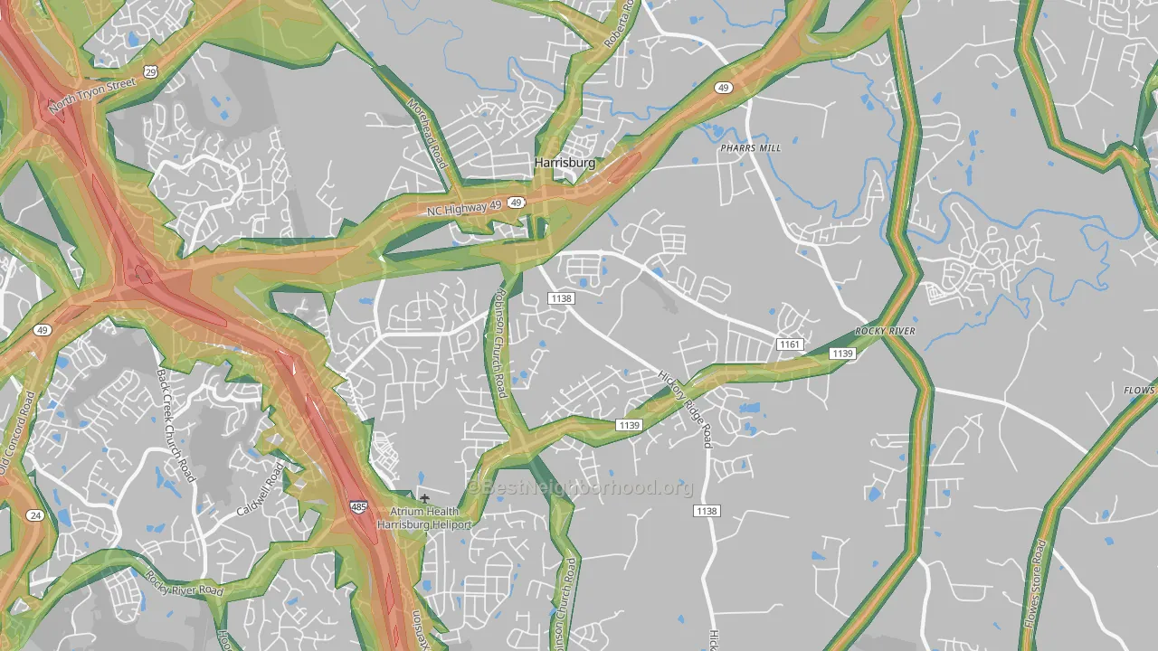 Harrisburg, NC Map of Noise Levels in Harrisburg