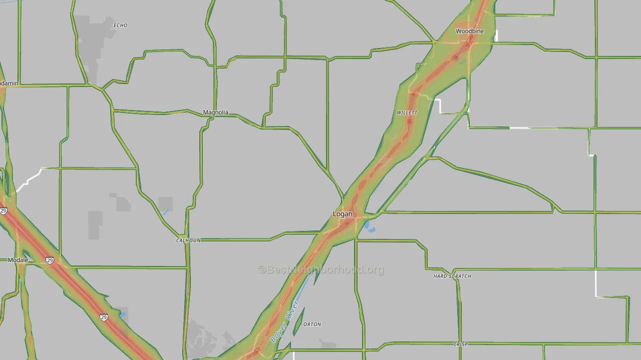 Harrison County, IA Map of Noise Levels in Harrison County
