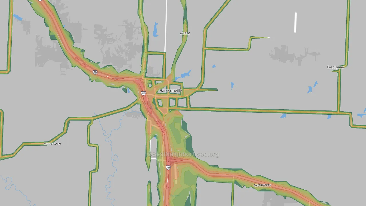 Harrisonville, MO Map of Noise Levels in Harrisonville