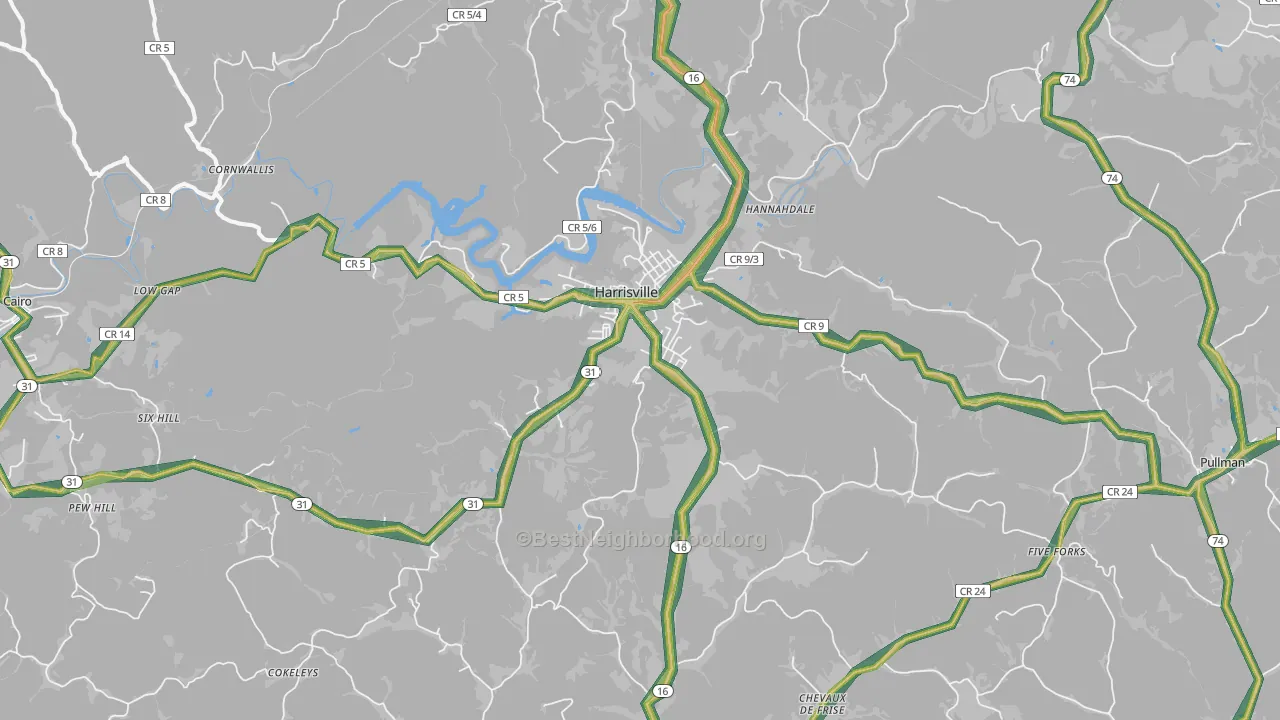 Harrisville, WV Map of Noise Levels in Harrisville