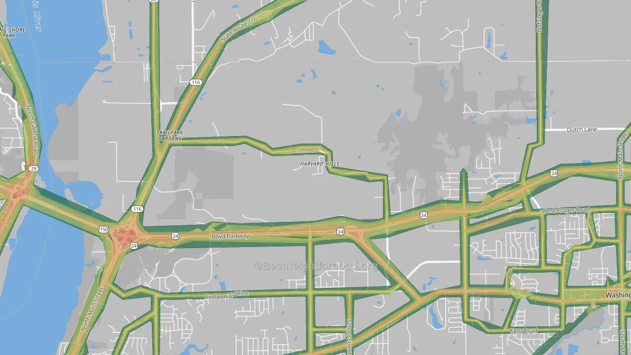 Harvard Hills, IL Map of Noise Levels in Harvard Hills