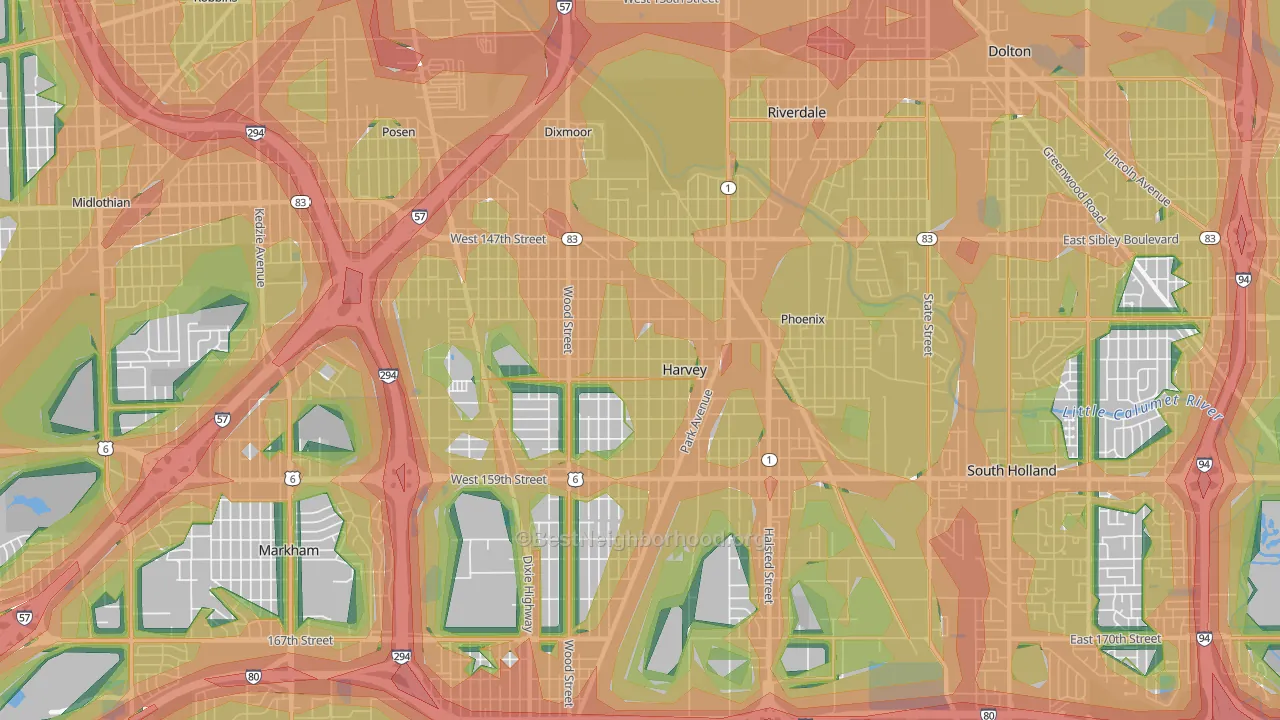 Harvey, IL Map of Noise Levels in Harvey