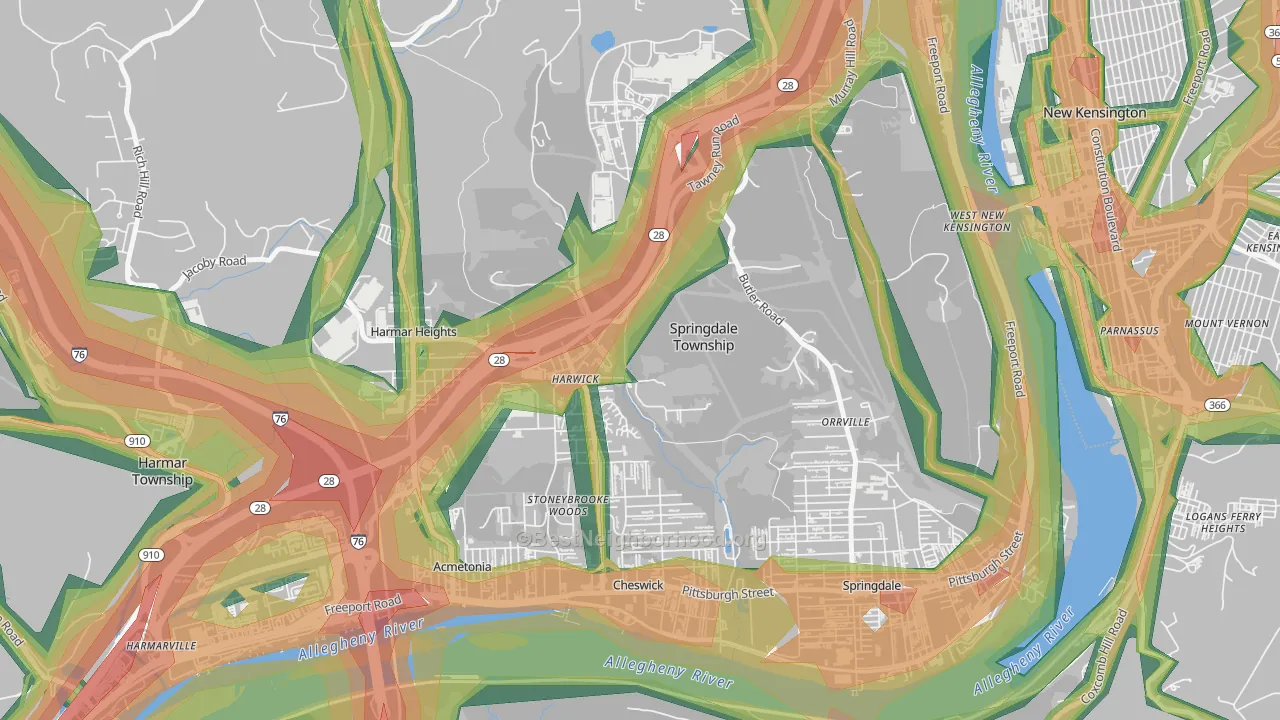 Harwick, PA Map of Noise Levels in Harwick