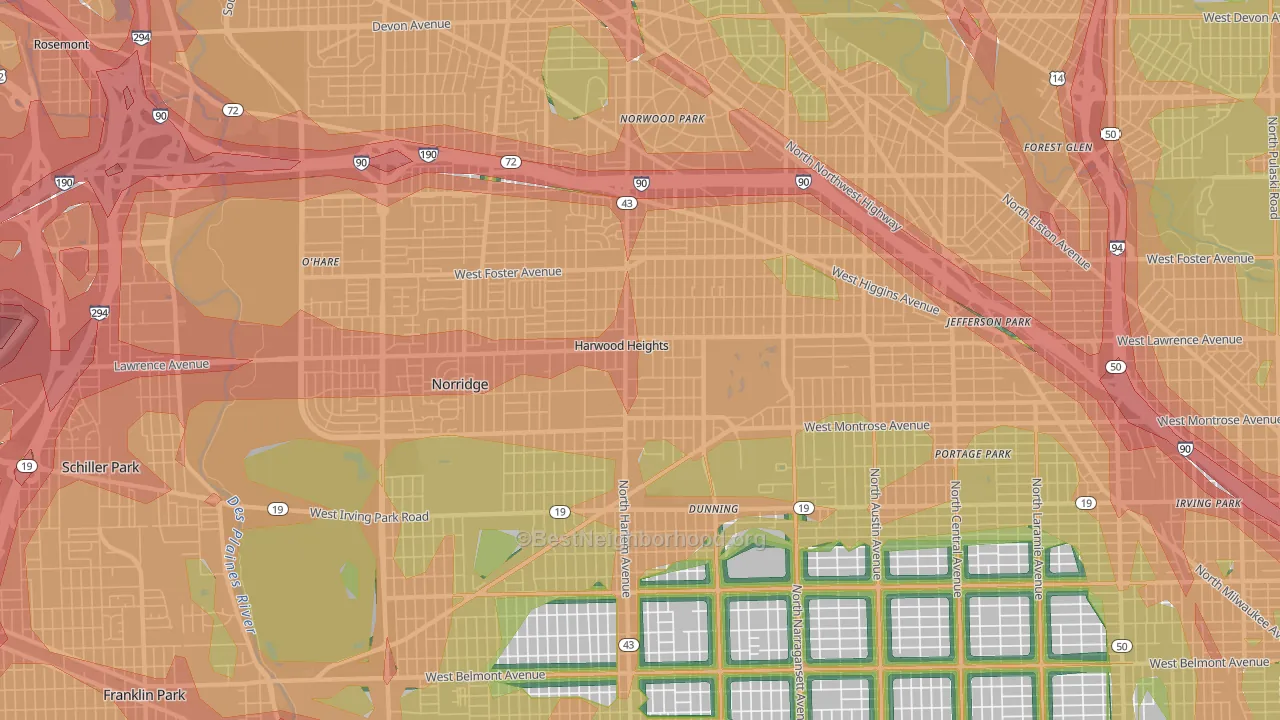 Harwood Heights, IL Map of Noise Levels in Harwood Heights