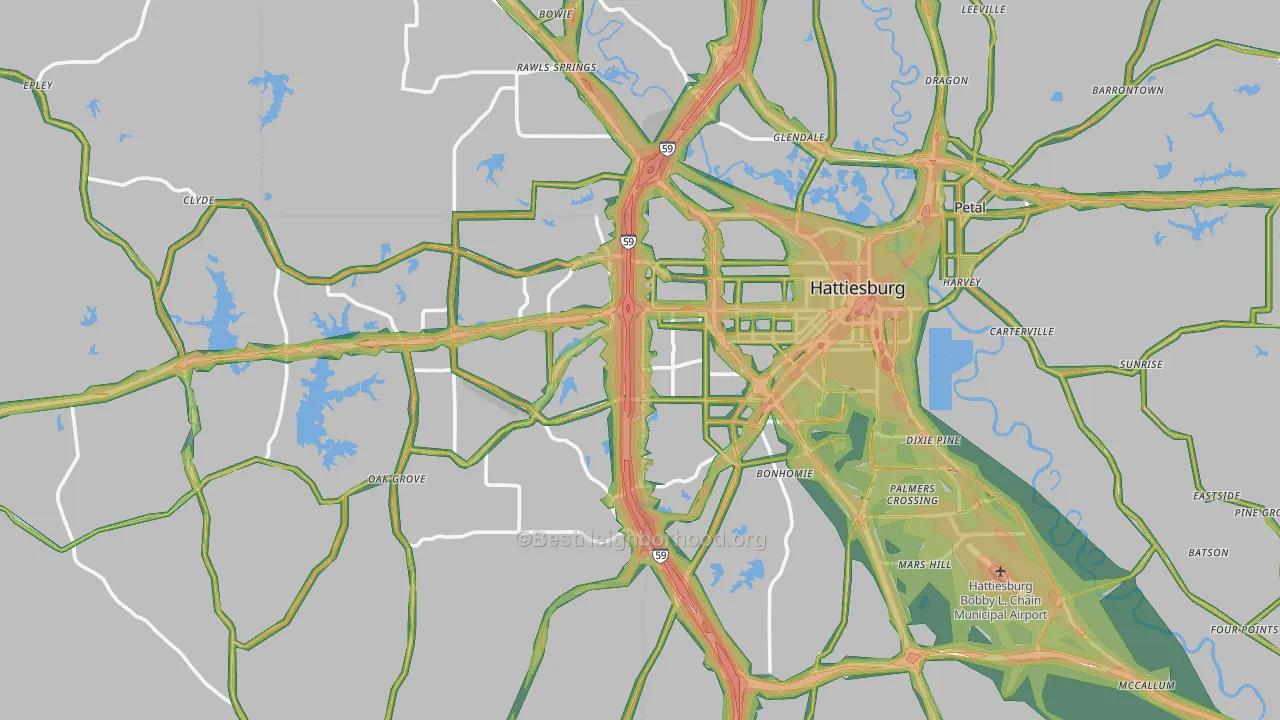 Hattiesburg, MS Map of Noise Levels in Hattiesburg