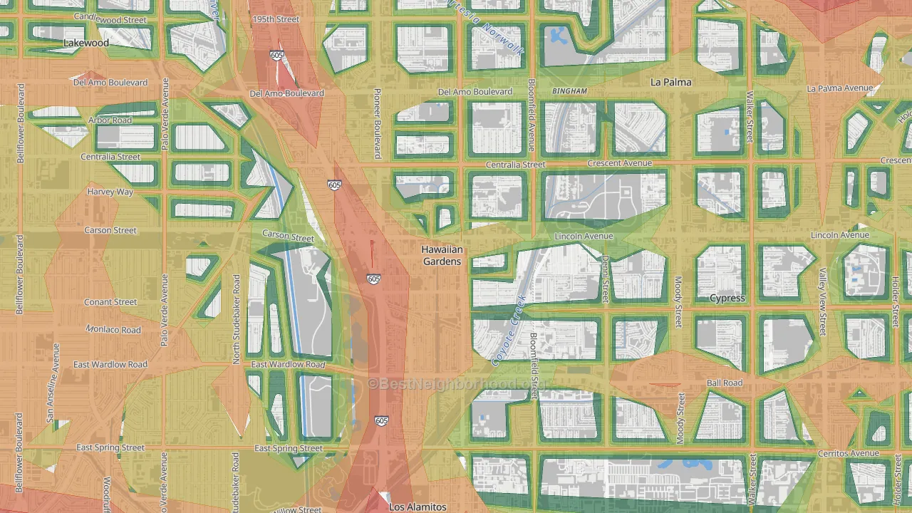 Hawaiian Gardens, CA Map of Noise Levels in Hawaiian Gardens