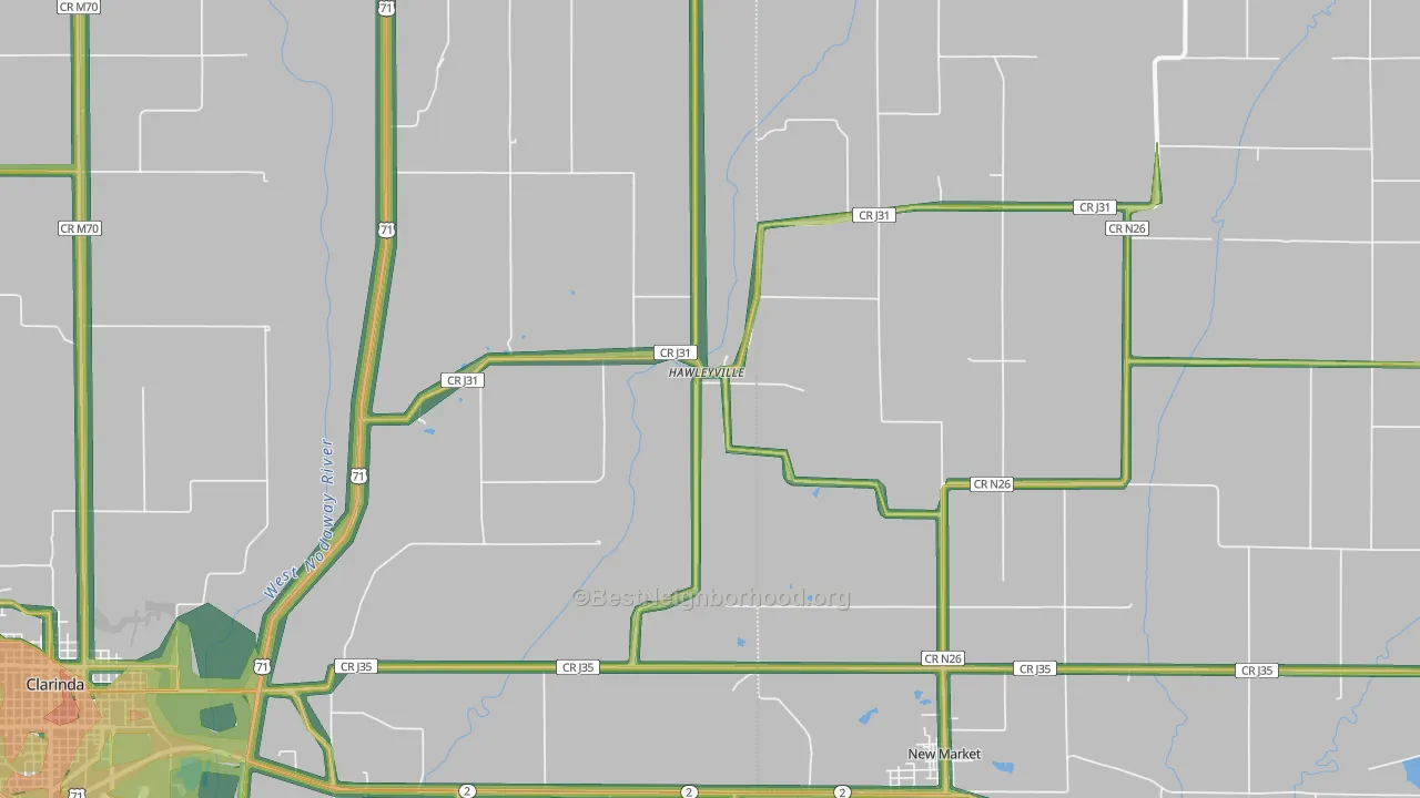 Hawleyville, IA Map of Noise Levels in Hawleyville