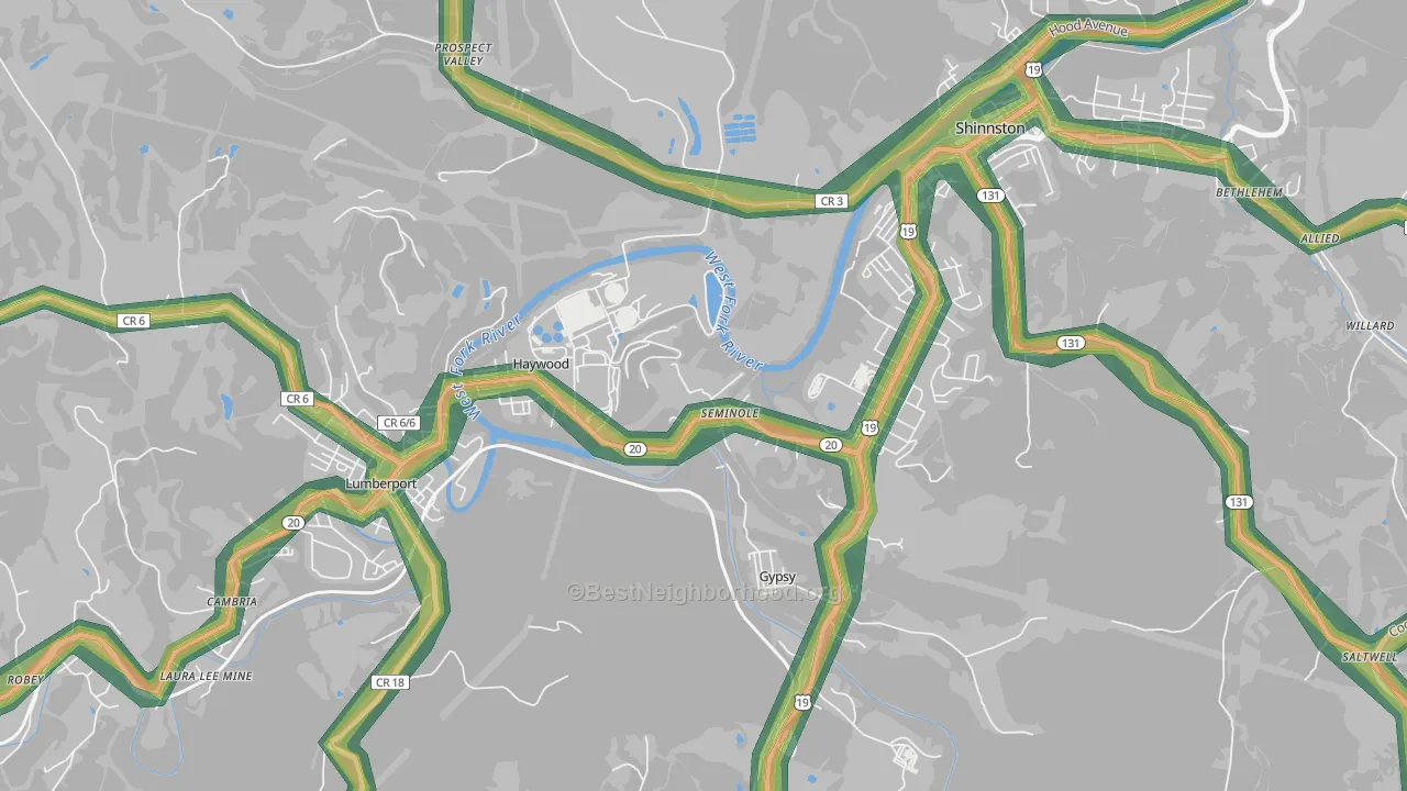 Haywood, WV Map of Noise Levels in Haywood