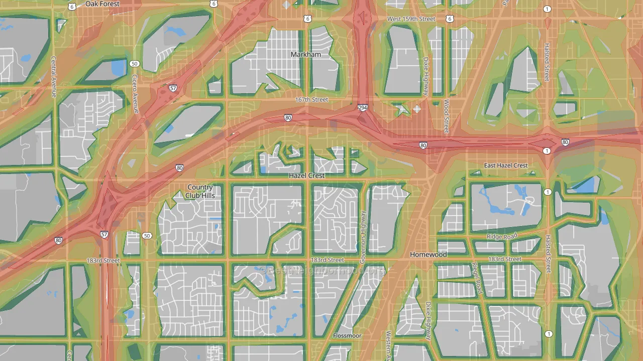 Hazel Crest, IL Map of Noise Levels in Hazel Crest