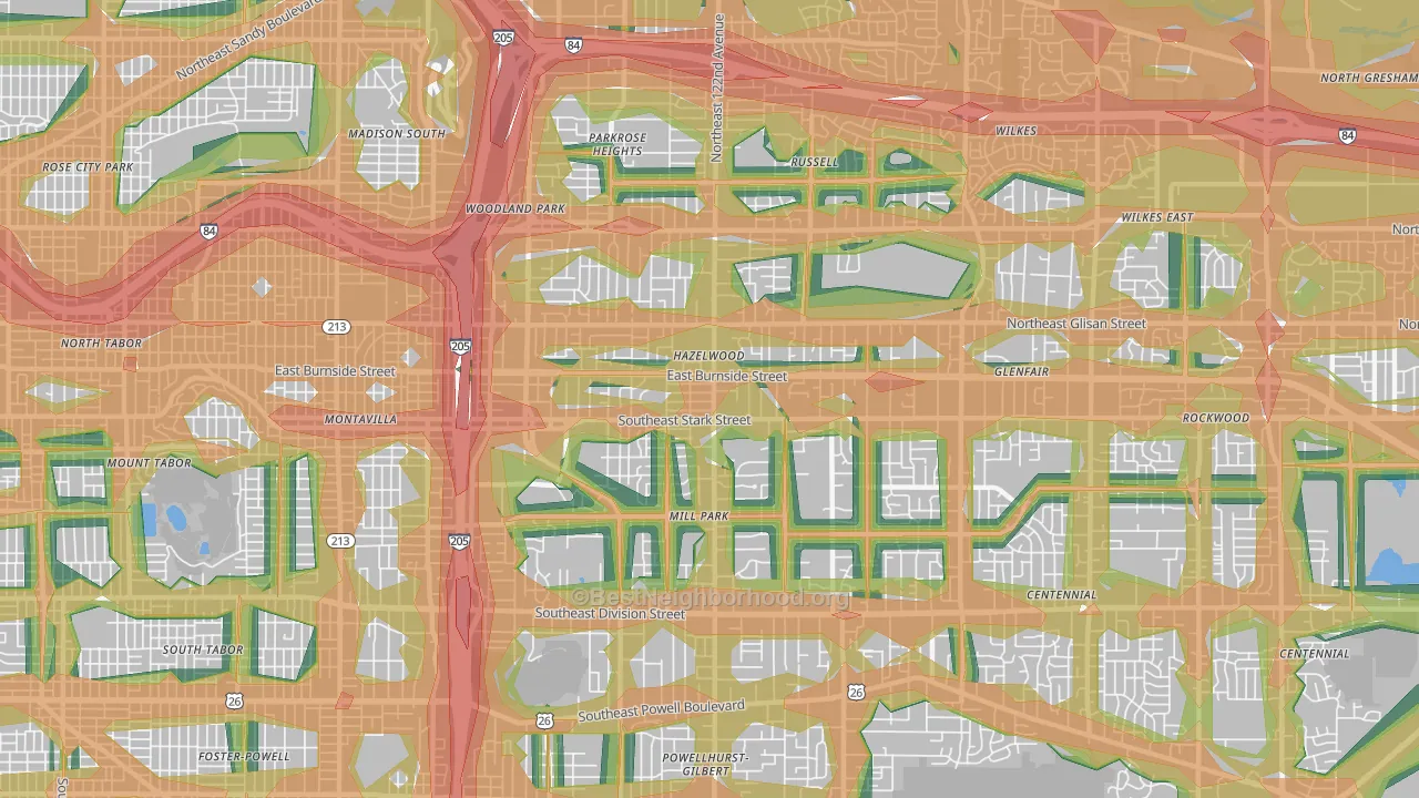 Hazelwood-Mill Park, Portland, OR Map of Noise Levels in Hazelwood-Mill Park