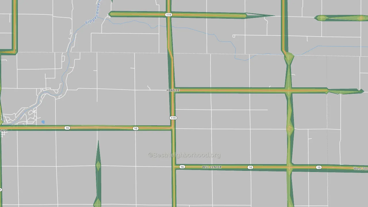 Headlee, IN Map of Noise Levels in Headlee