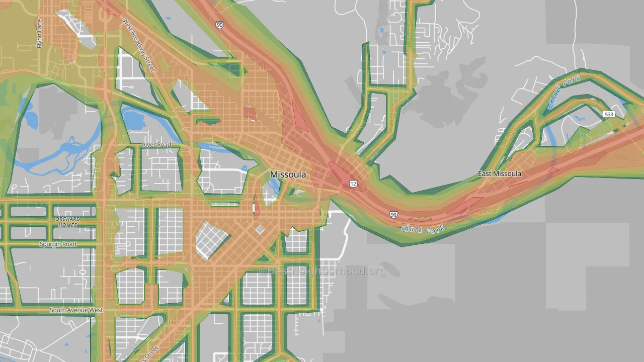 Heart of Missoula, Missoula, MT Map of Noise Levels in Heart of Missoula