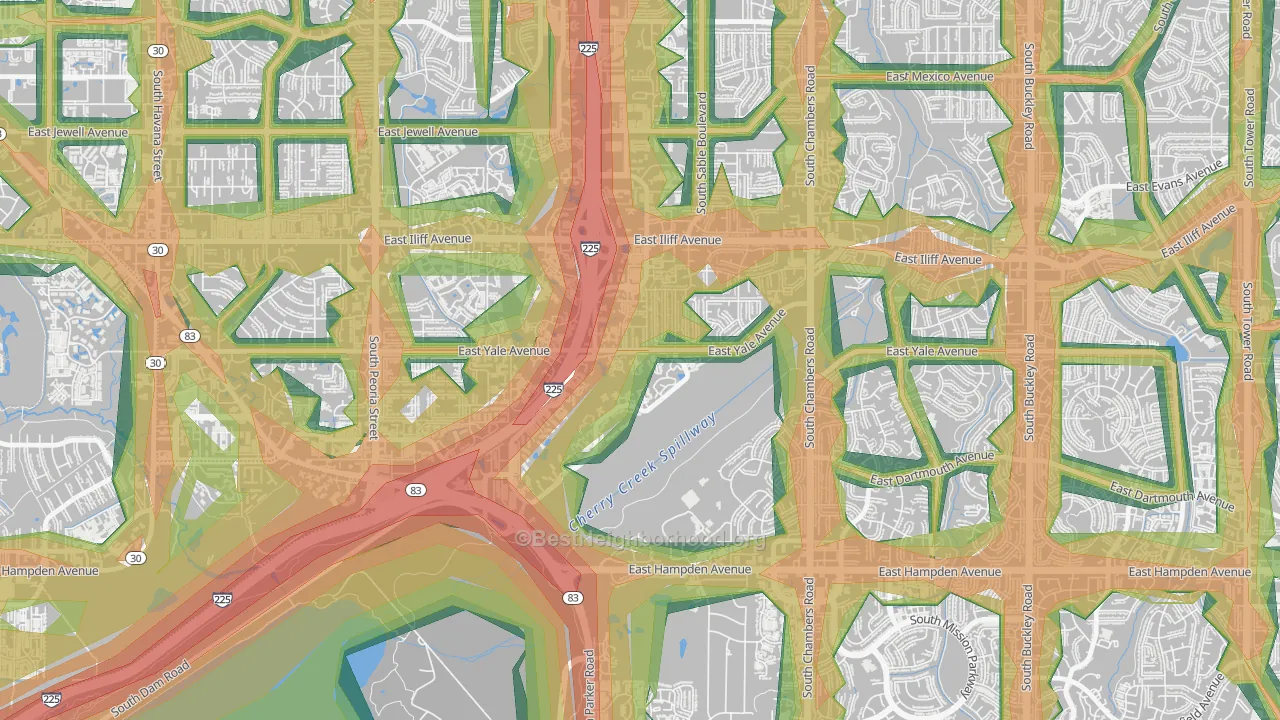 Heather Gardens, Aurora, CO Map of Noise Levels in Heather Gardens