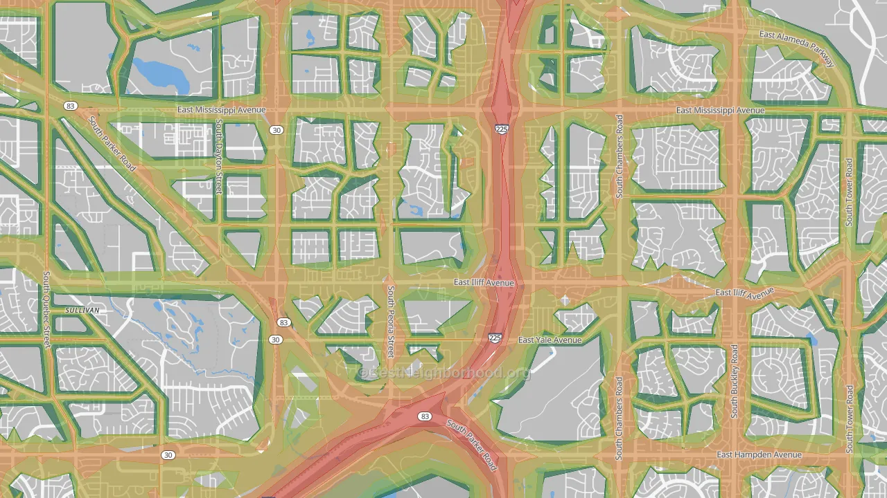Heather Ridge, Aurora, CO Map of Noise Levels in Heather Ridge