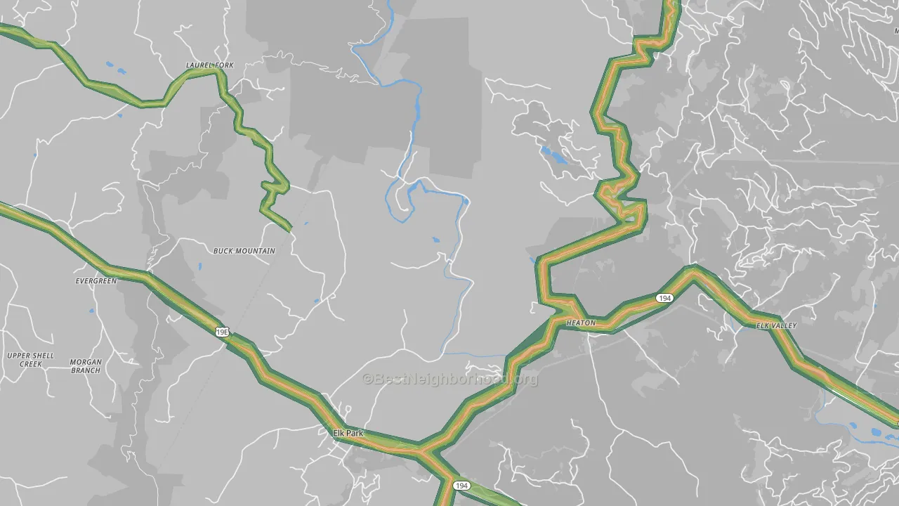 Heaton, NC Map of Noise Levels in Heaton