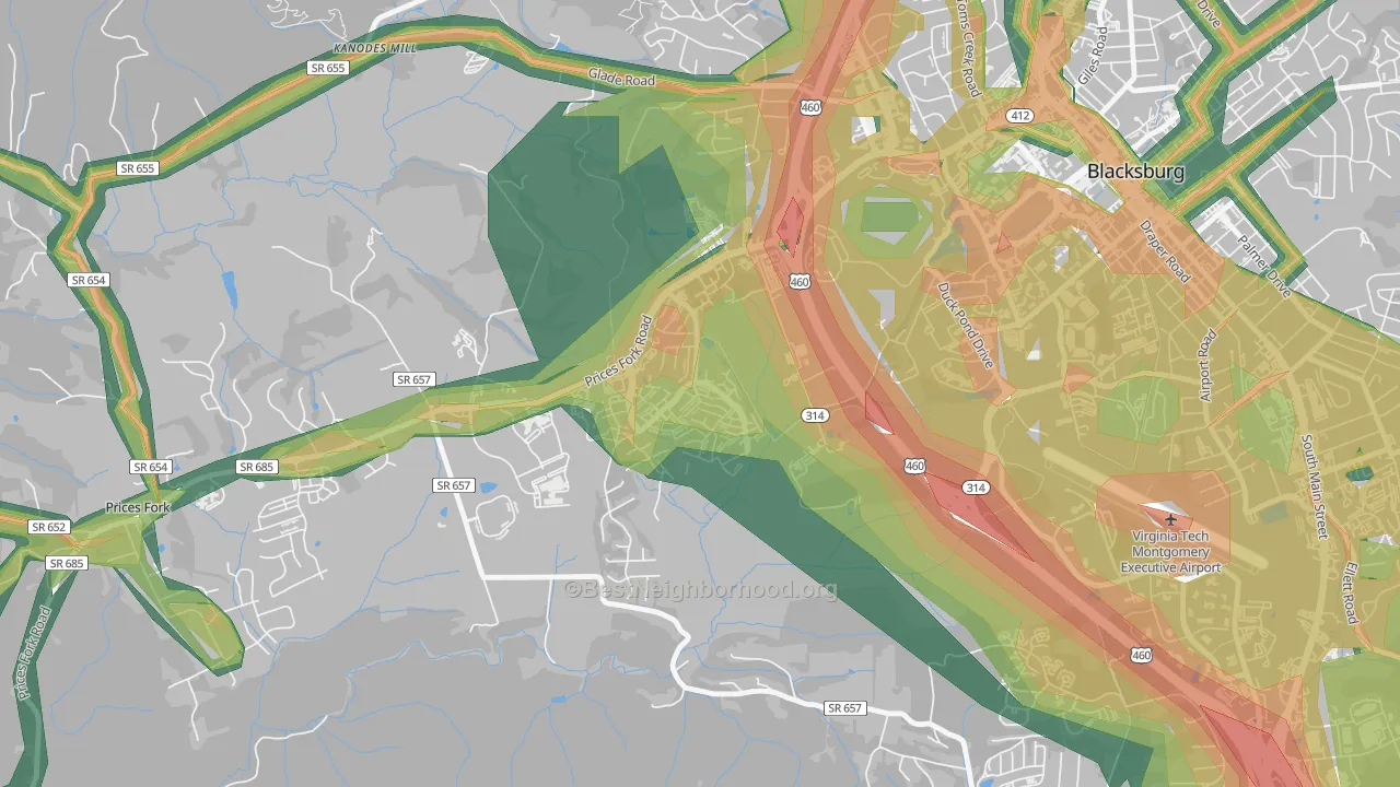 Hethwood-Prices Fork, Blacksburg, VA Map of Noise Levels in Hethwood-Prices Fork