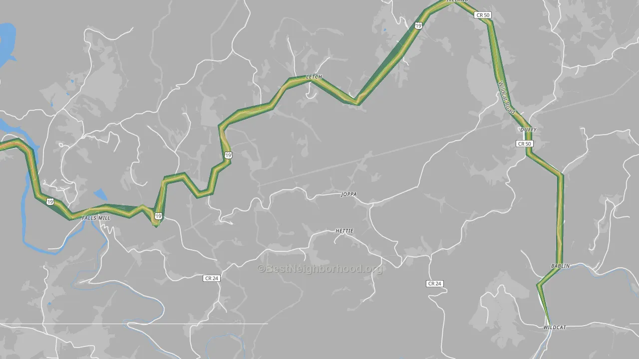 Hettie, WV Map of Noise Levels in Hettie