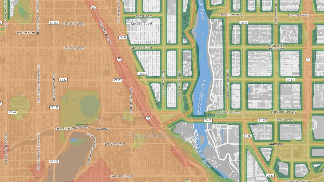 Hiawatha, Minneapolis, MN Map of Noise Levels in Hiawatha