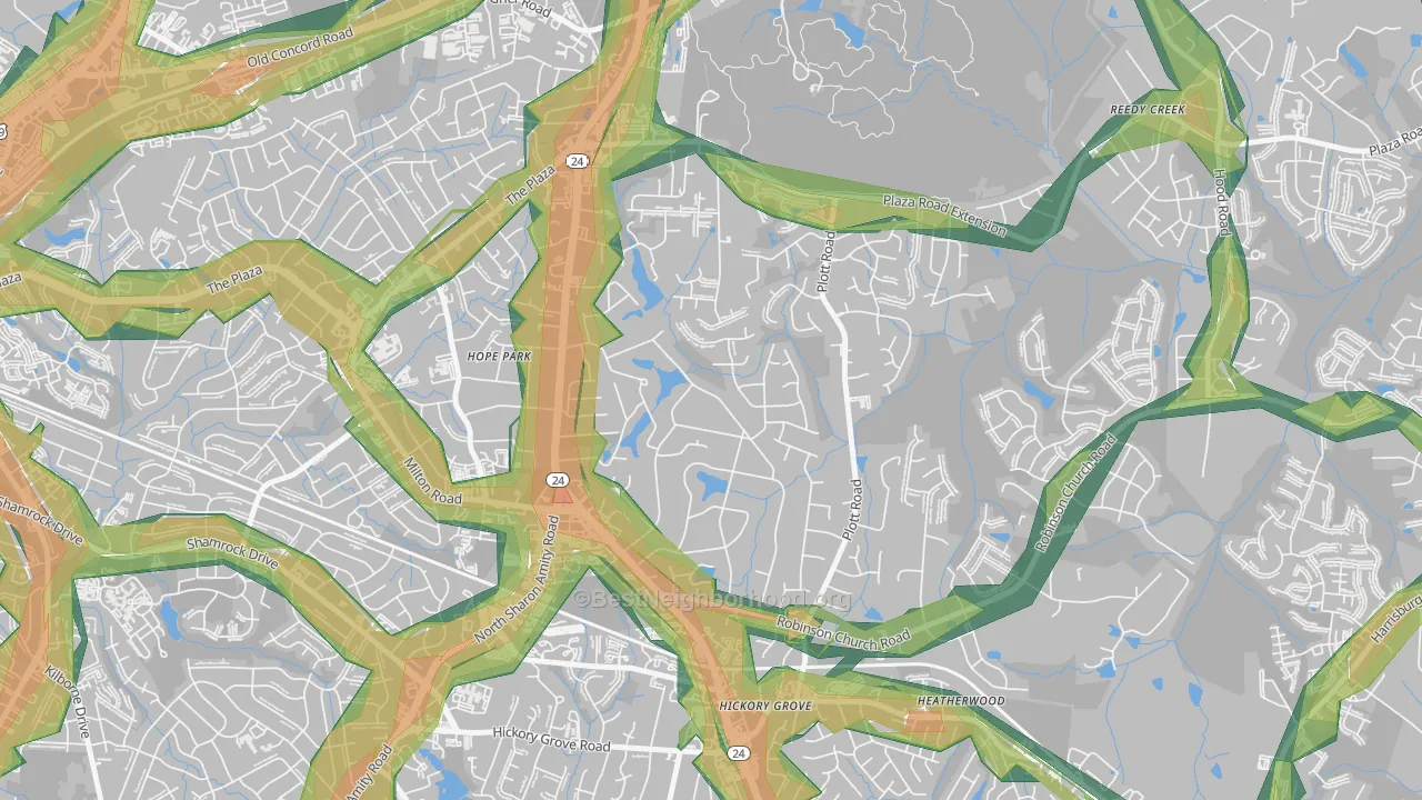 Hickory Grove, Charlotte, NC Map of Noise Levels in Hickory Grove