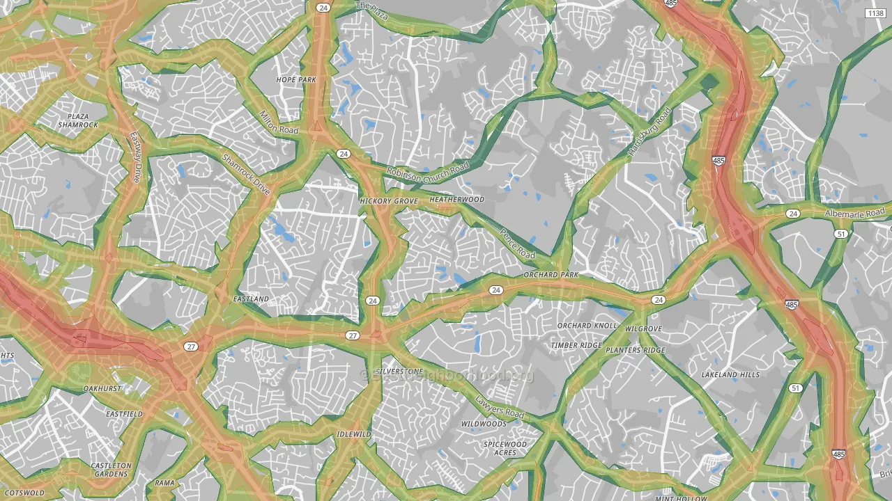 Hickory Ridge, Charlotte, NC Map of Noise Levels in Hickory Ridge