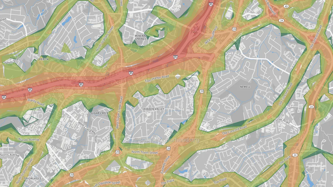 Hidden Valley, Charlotte, NC Map of Noise Levels in Hidden Valley