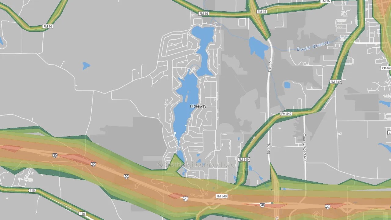 Hideaway, TX Map of Noise Levels in Hideaway