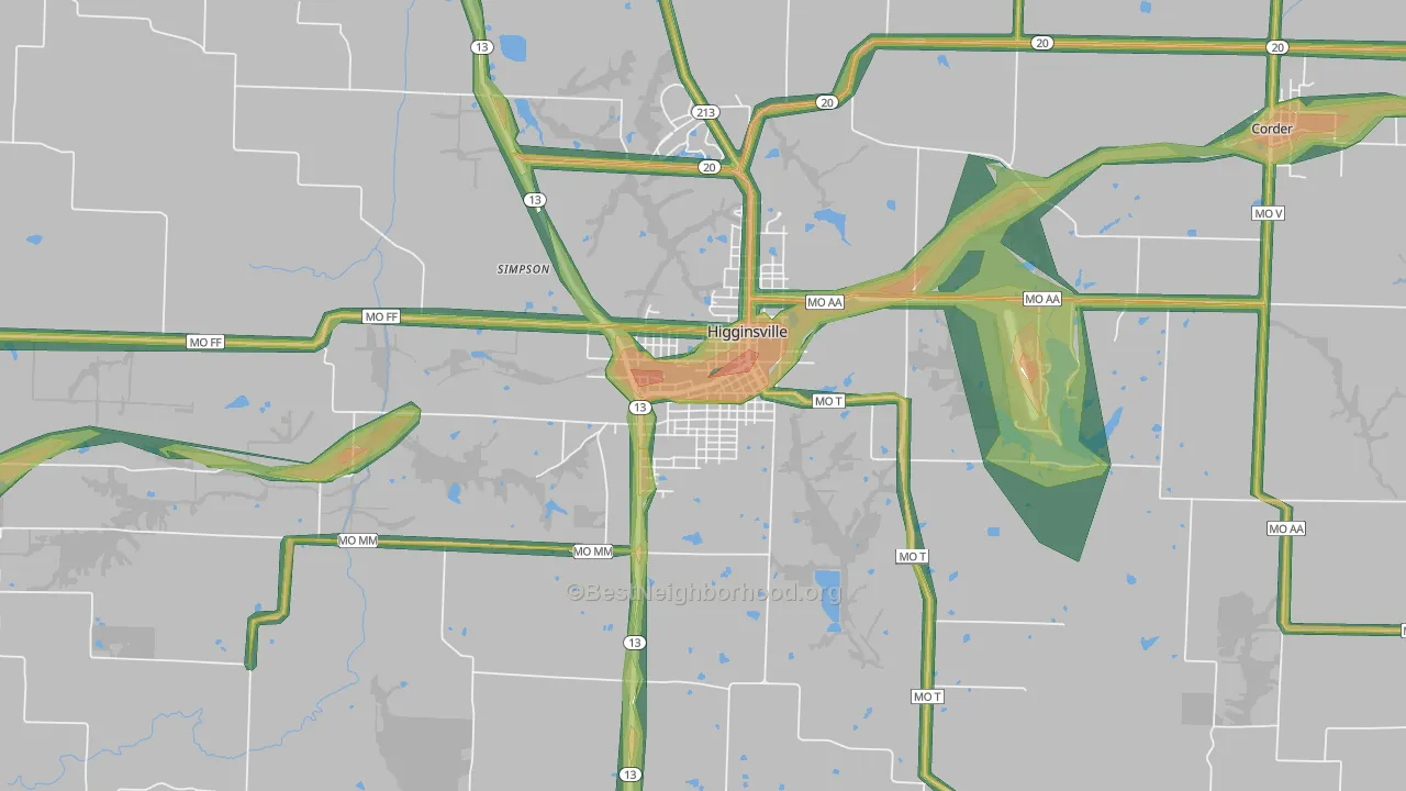 Higginsville, MO Map of Noise Levels in Higginsville