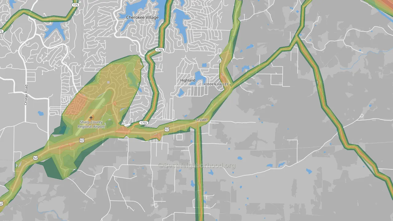 Highland, AR Map of Noise Levels in Highland