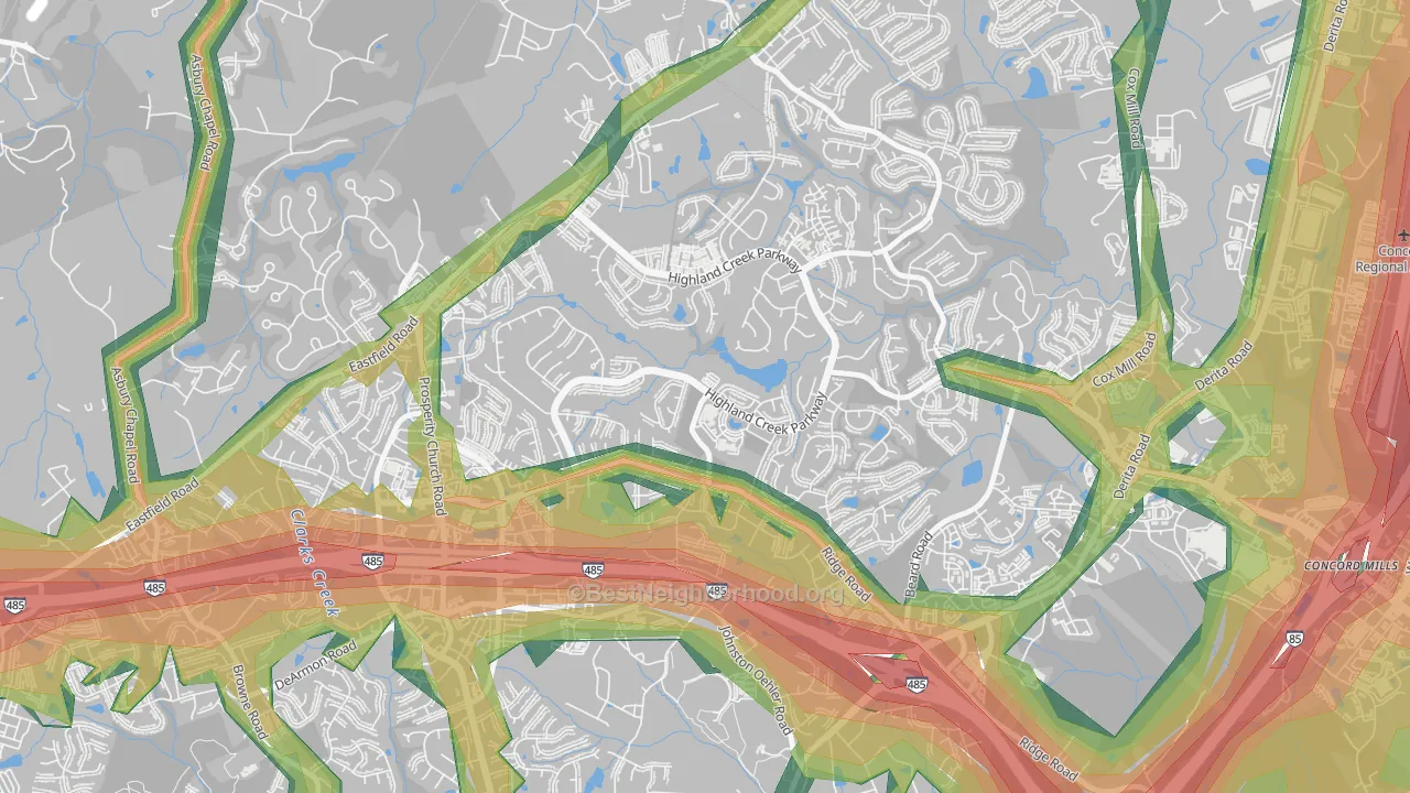 Highland Creek, Charlotte, NC Map of Noise Levels in Highland Creek