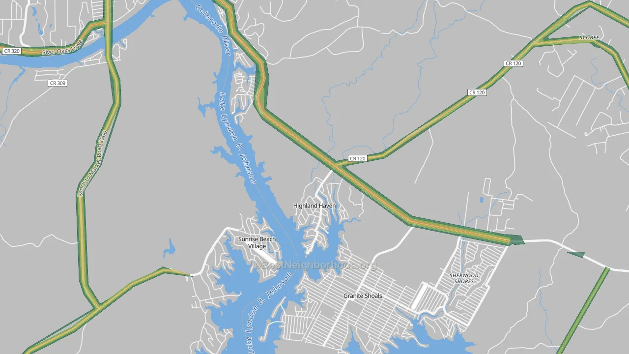 Highland Haven, TX Map of Noise Levels in Highland Haven