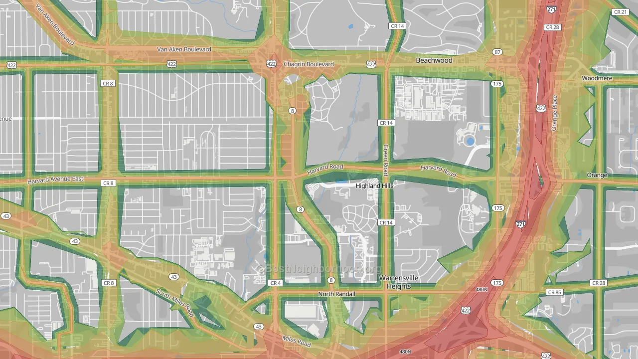 Highland Hills, OH Map of Noise Levels in Highland Hills
