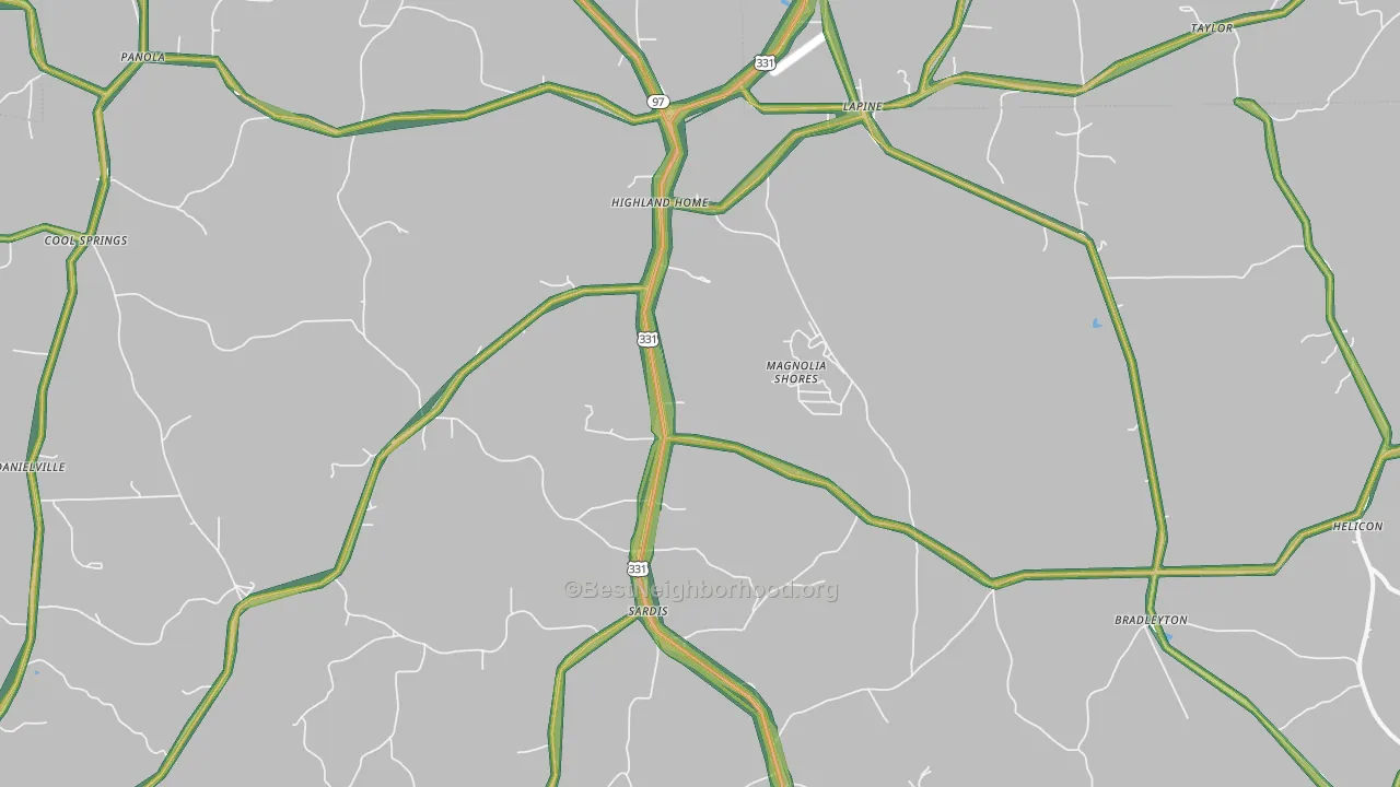 Highland Home, AL Map of Noise Levels in Highland Home