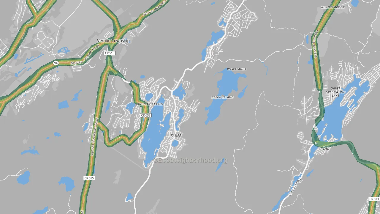 Highland Lakes, NJ Map of Noise Levels in Highland Lakes